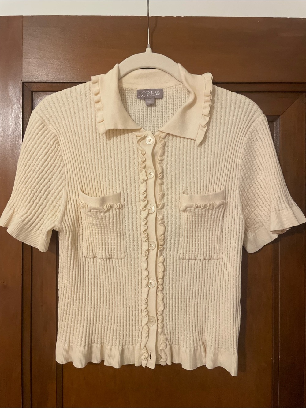J. Crew Cream Ruffle-Trim Short-Sleeve Ribbed Cardigan - Picture 3 of 3